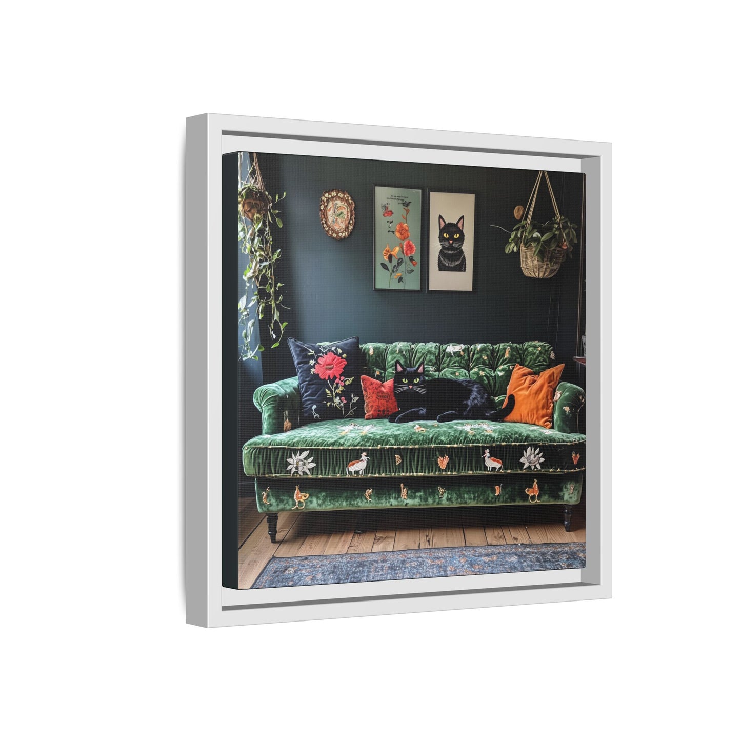 Black "House Cat" Living Room Art Matte Canvas Framed, Green Sofa Boho