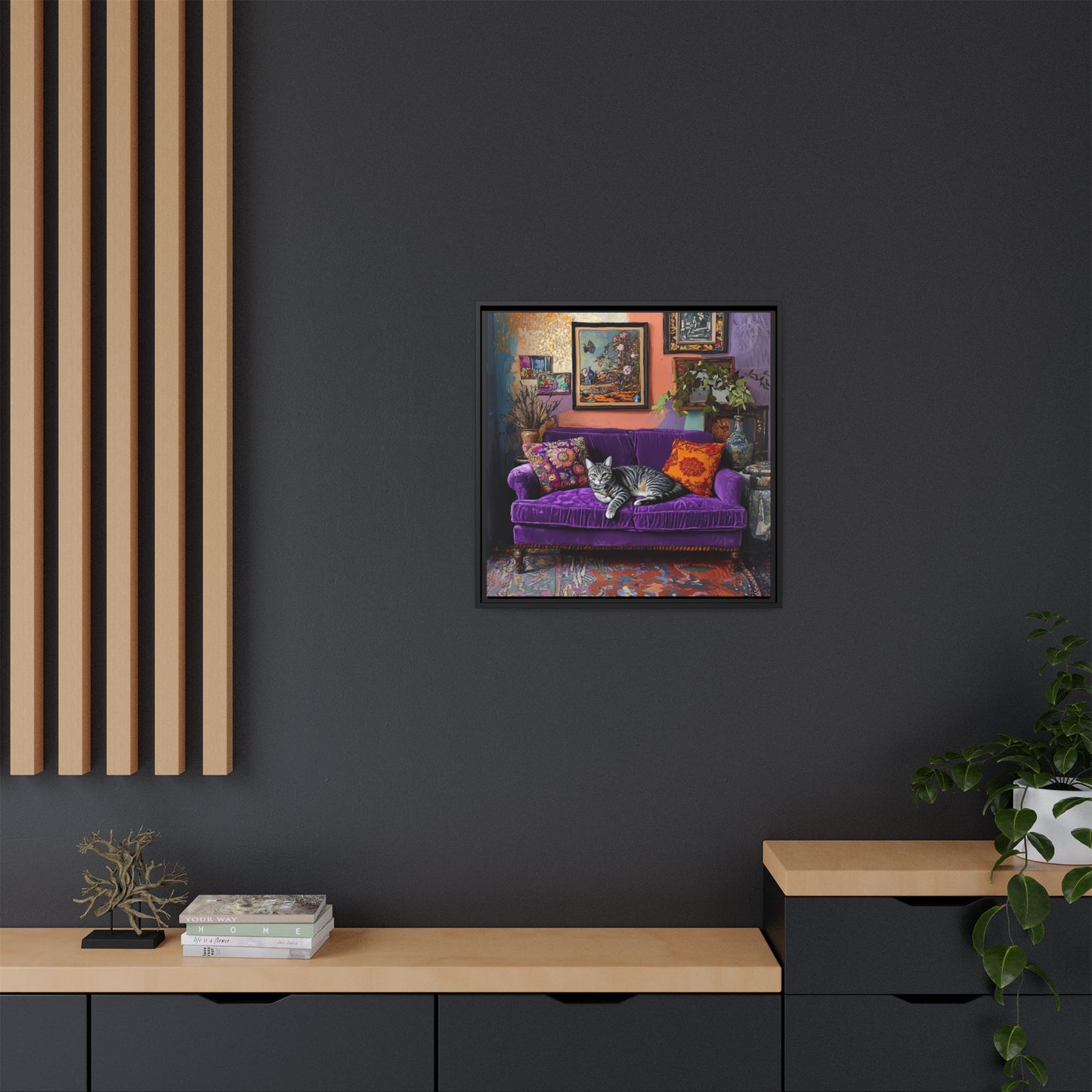 Tabby "House Cat" on Purple Velvet Sofa Matte Canvas Framed | Wall Art