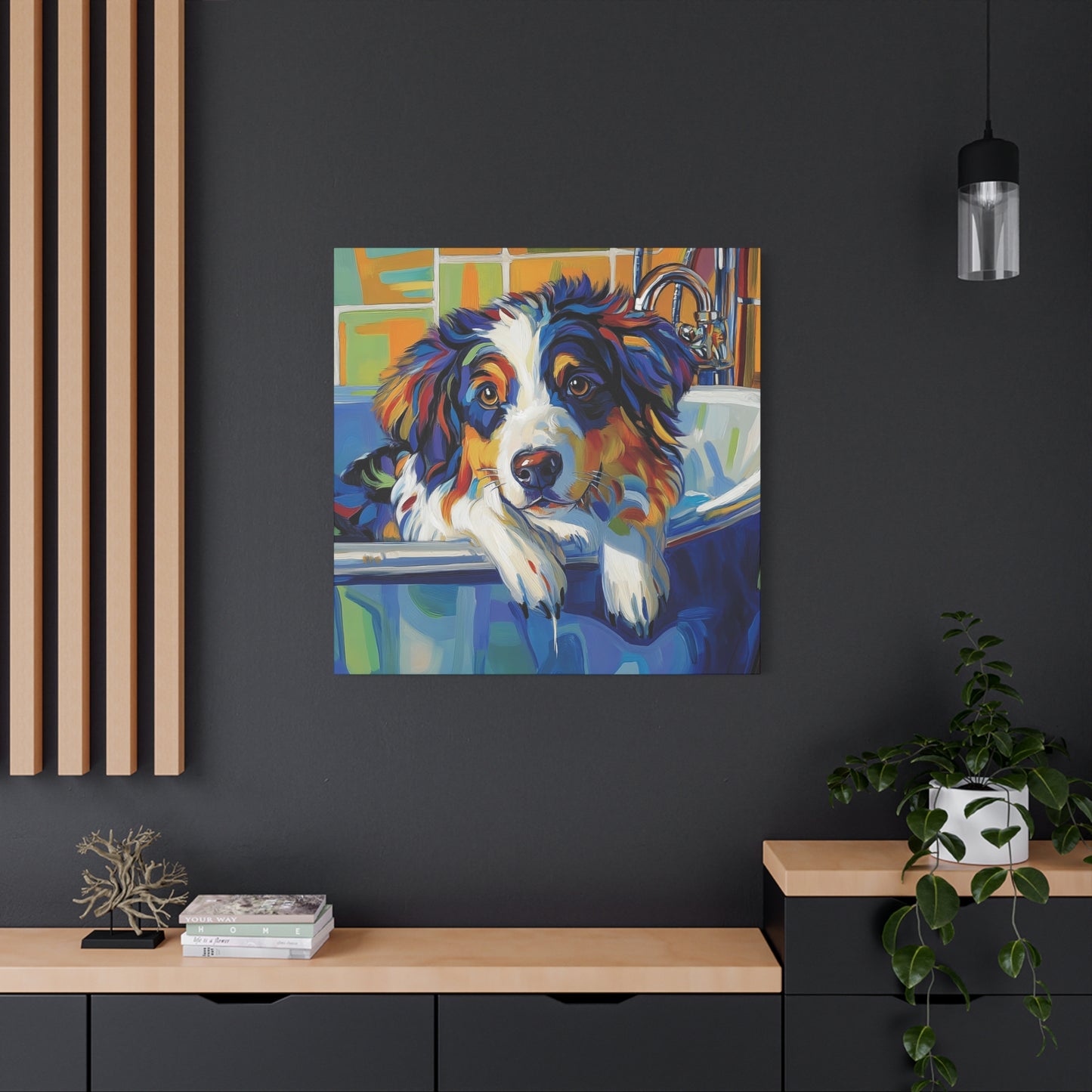 Aussie Bathtub Canvas, Australian Shepherd Art, Aussie Canvas, Tri Color Australian Shepherd Art, Dog Bathtub Prints