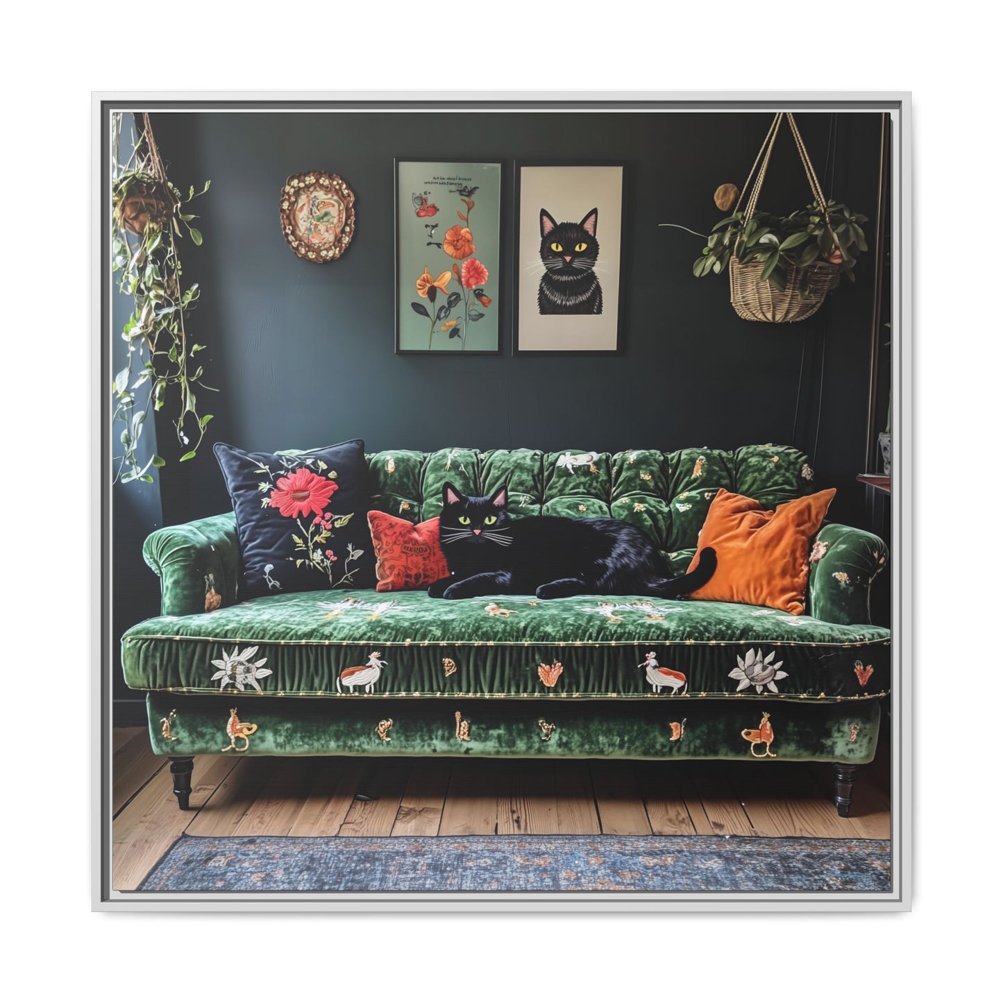 Black "House Cat" Living Room Art Matte Canvas Framed, Green Sofa Boho