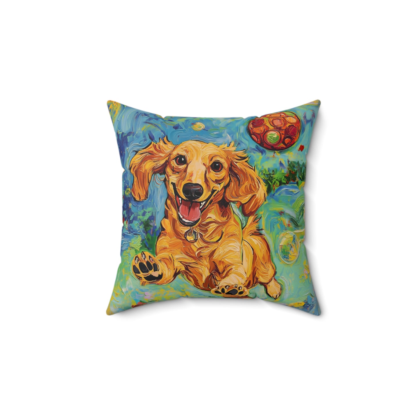 Pickleball Dachshund Pillow | Square Throw Pillow, Colorful Dog Art, Pickleball Puppies