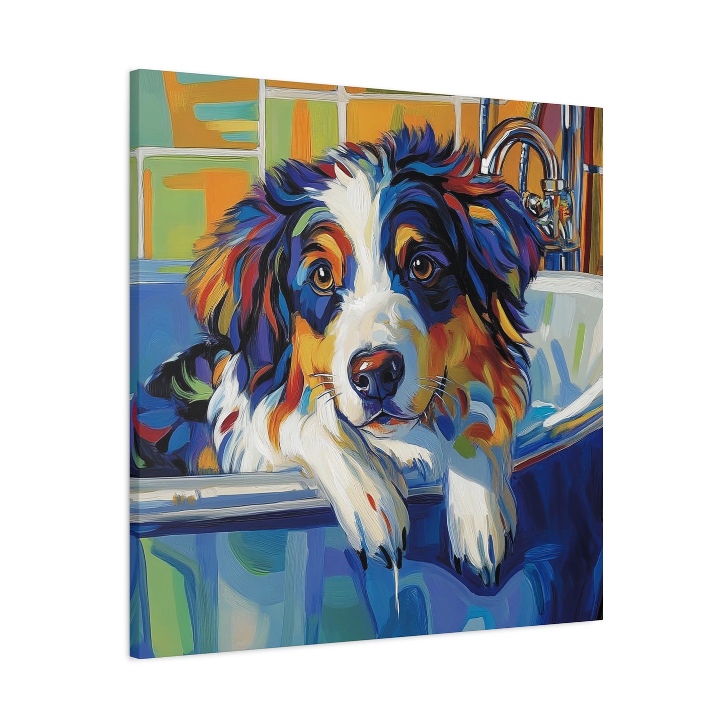Aussie Bathtub Canvas, Australian Shepherd Art, Aussie Canvas, Tri Color Australian Shepherd Art, Dog Bathtub Prints