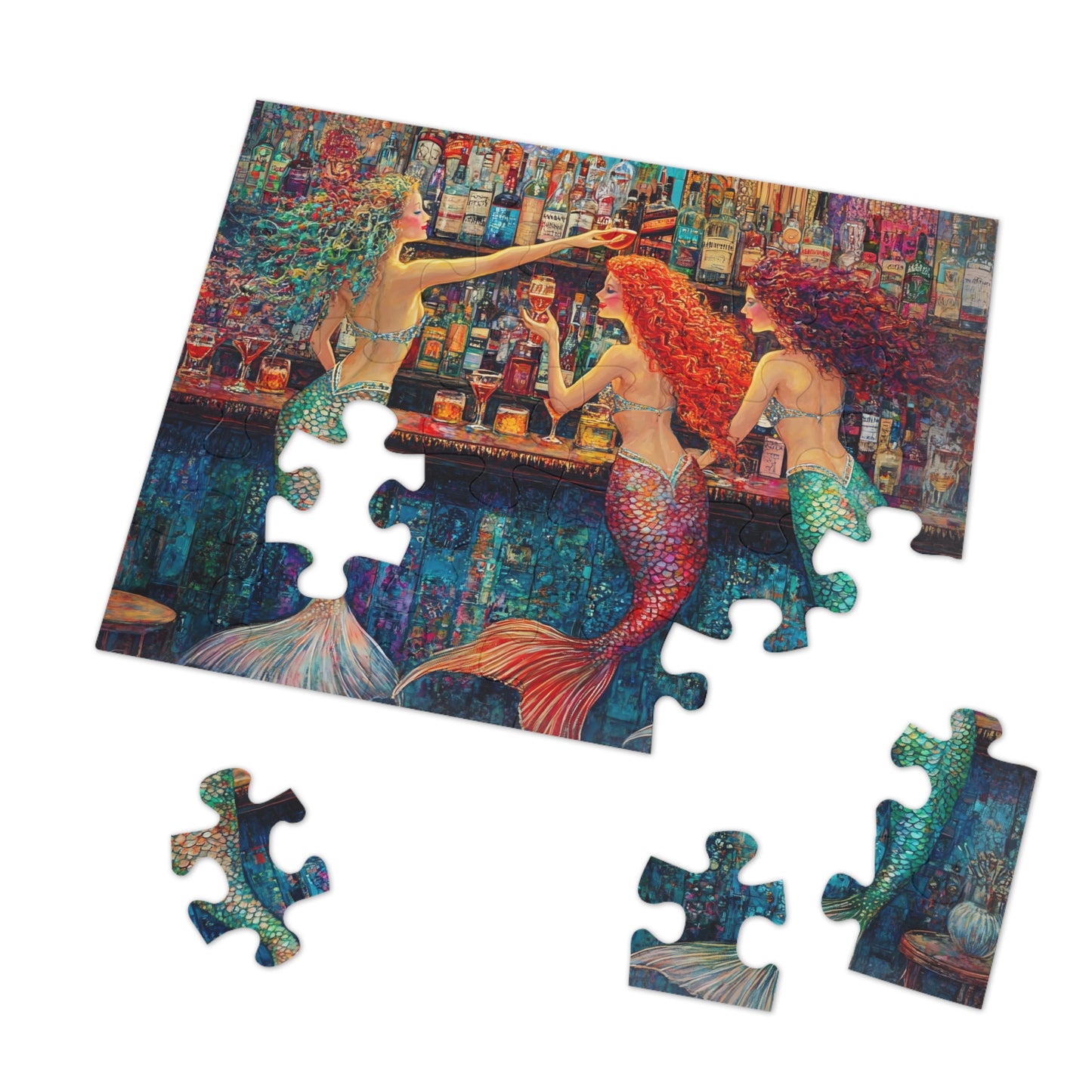 Mermaid Bar Scene Jigsaw Puzzle with Tin | Colorful Ocean Sirens