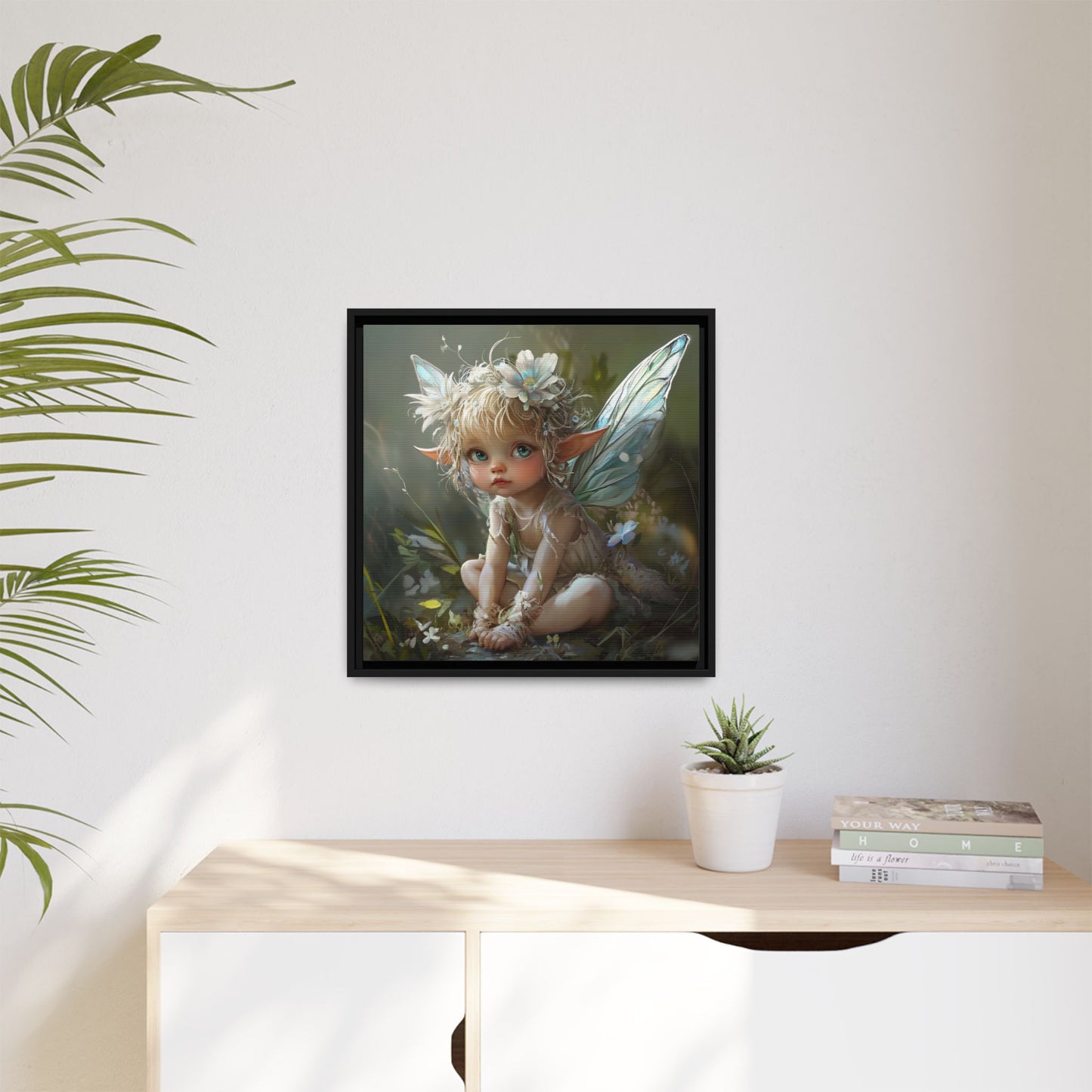 Baby Fairy Art Print, Framed Canvas, Whimsical Home Decor, Fairy Tale Gift, Magical Nursery Wall Art