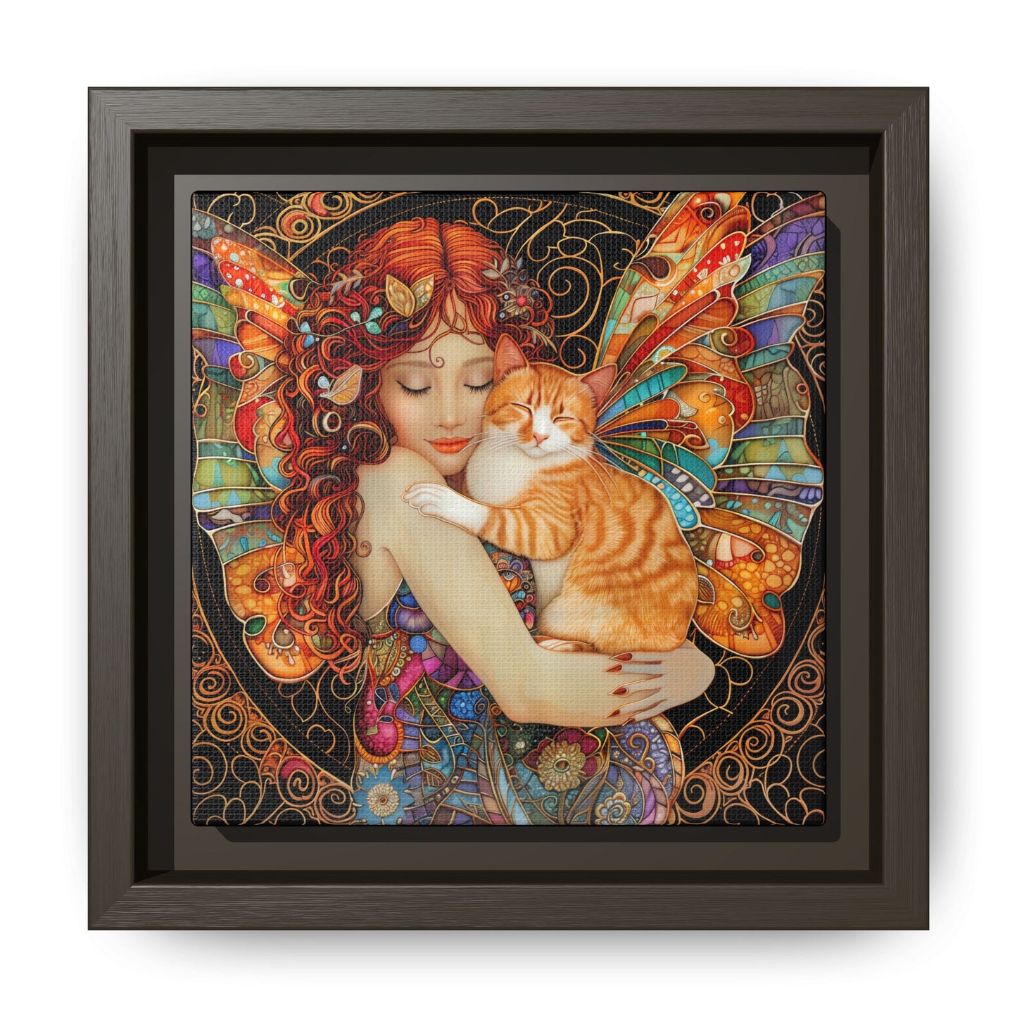 Framed "Tabby"  Fantasy Canvas Art Print - Whimsical Wall Decor, Fairy and Cat Illustration, Magical Gift for Cat Lovers