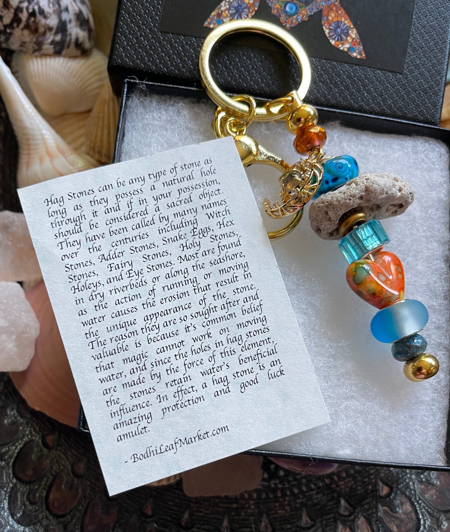 Czech Glass Bead and Stone Keychain with Turtle Gift Box