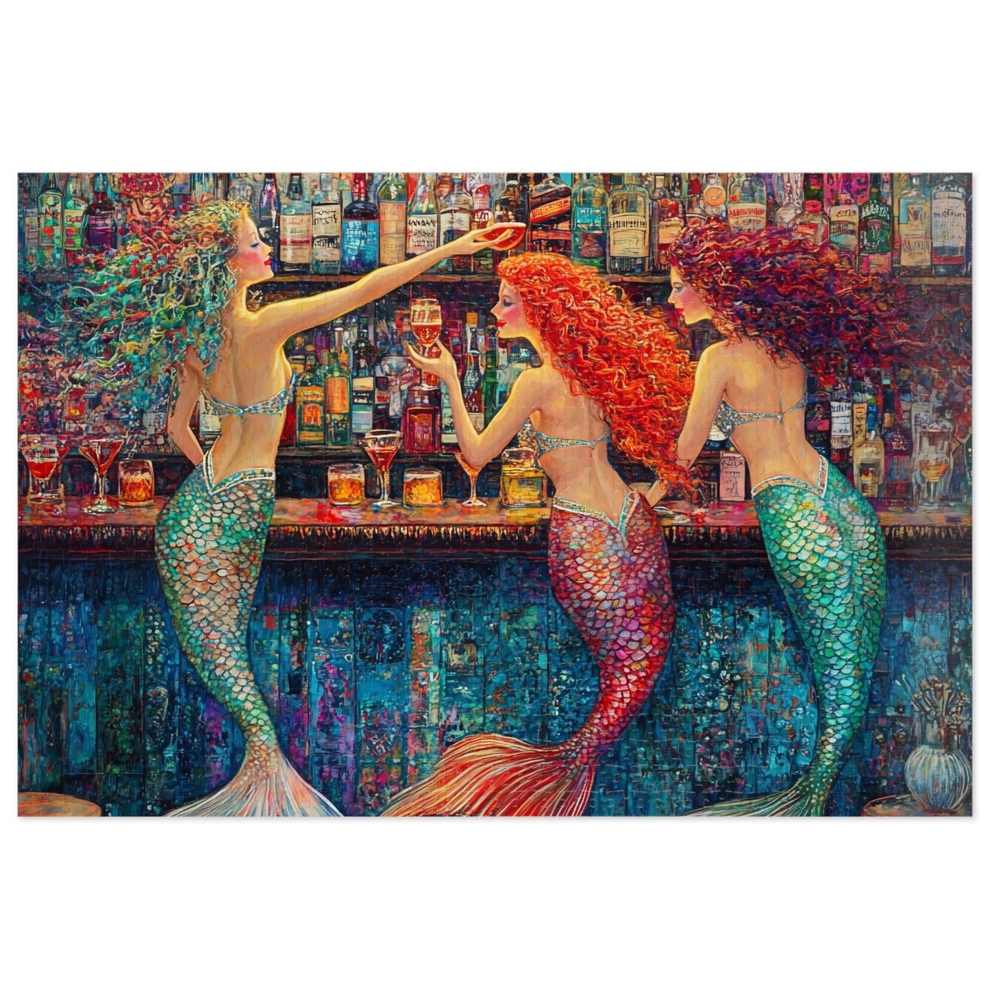 Mermaid Bar Scene Jigsaw Puzzle with Tin | Colorful Ocean Sirens