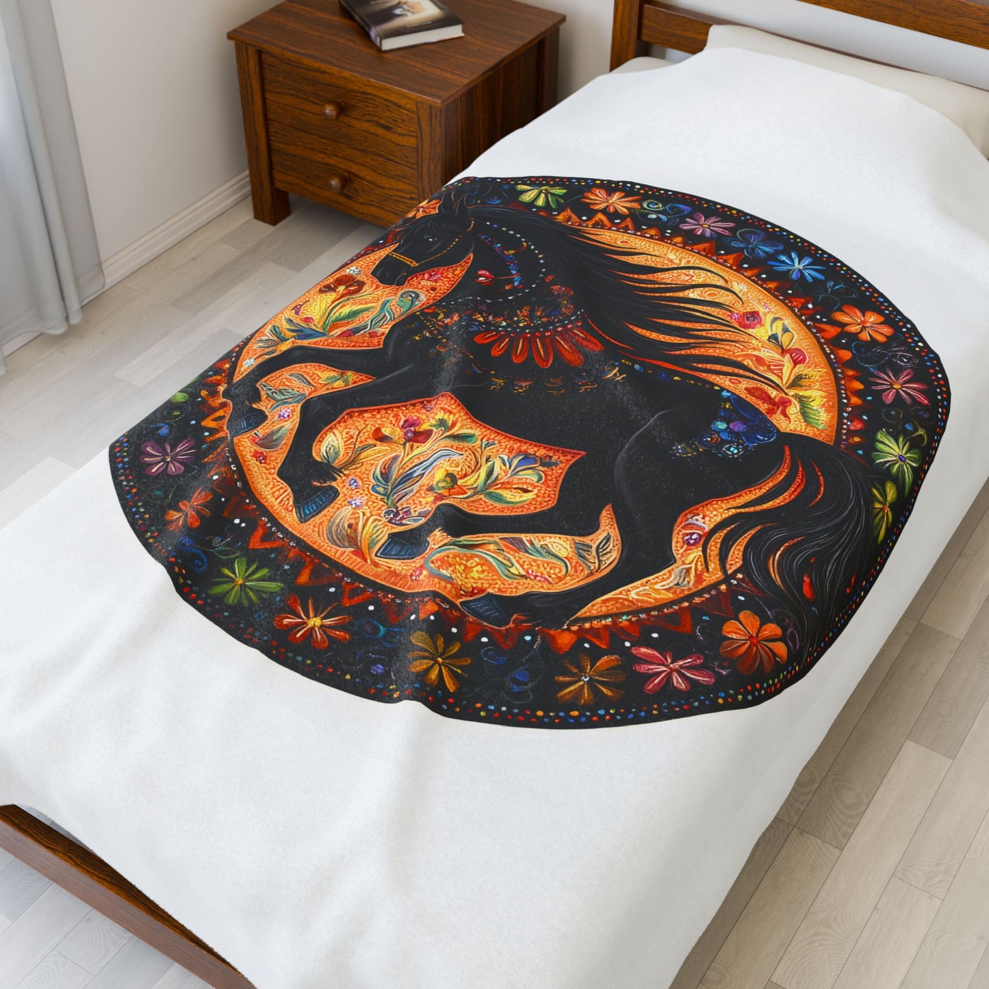 Bohemian Black Horse Velveteen Plush Blanket, Cozy Throw, Vibrant Decor, Equine Lover Gift, Soft Home Accents, Unique Wall Art