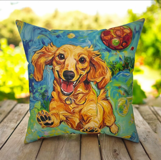 Pickleball Dachshund Pillow | Square Throw Pillow, Colorful Dog Art, Pickleball Puppies