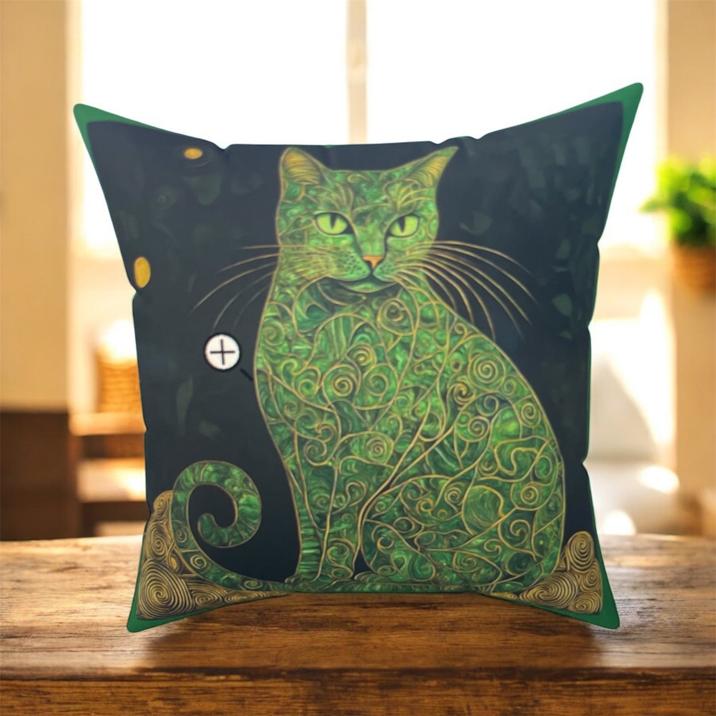 Crystal Cat Collection Malachite Cat Faux Suede Square Pillow, Cat Lover Home Decor, Cozy Accent Cushion