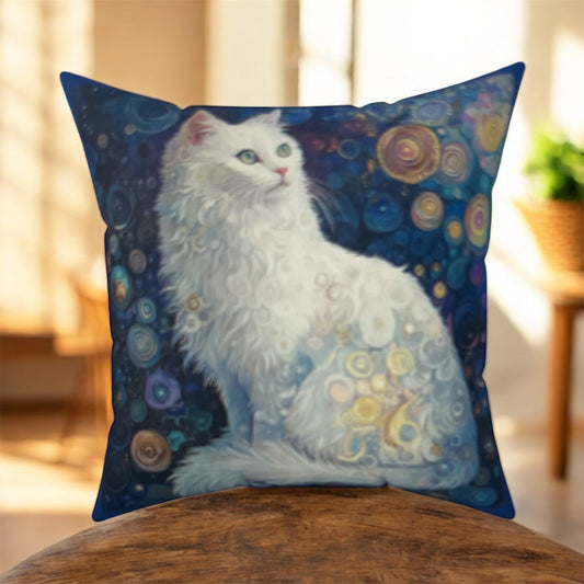 Crystal Cat Collection White Quartz Cat Pillow, Cozy Home Decor, Cat Lover Gift, Animal Art Cushion, Pet Themed Decorative Pillow