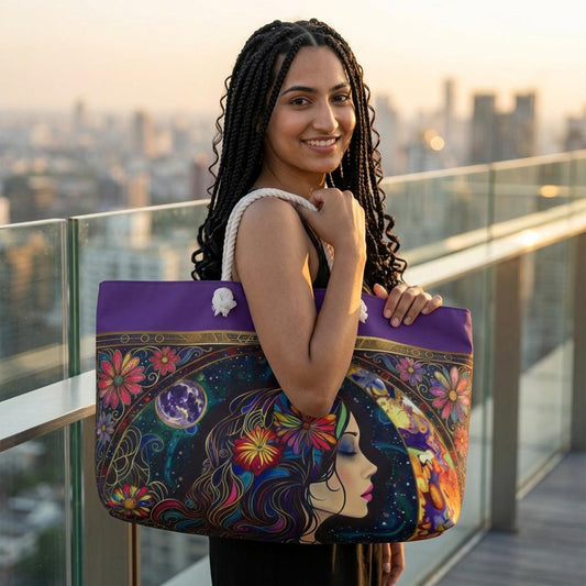 Floral Moon Woman Weekender Bag  Boho Celestial Tote, Purple,  Rope Handles
