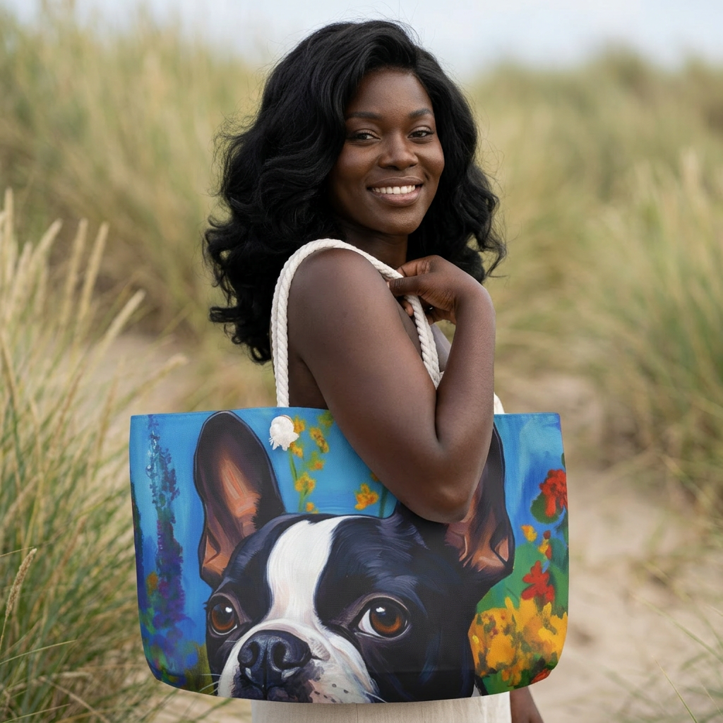 Peek a Boo Boston Terrier Garden Portrait Weekender Bag Floral Dog Illustration