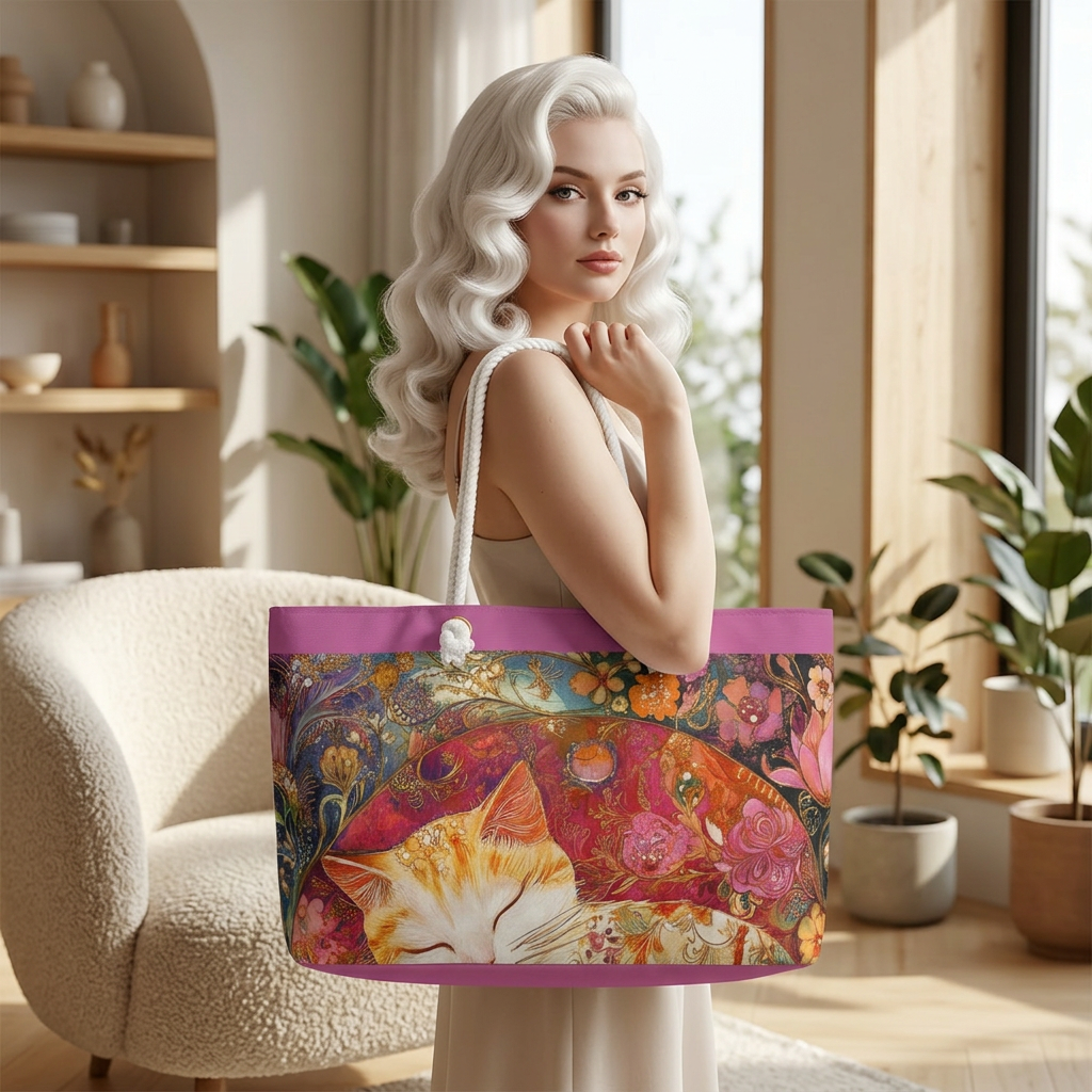 Sleeping Ginger Cat Weekender bag  Floral Boho Pet Travel Tote