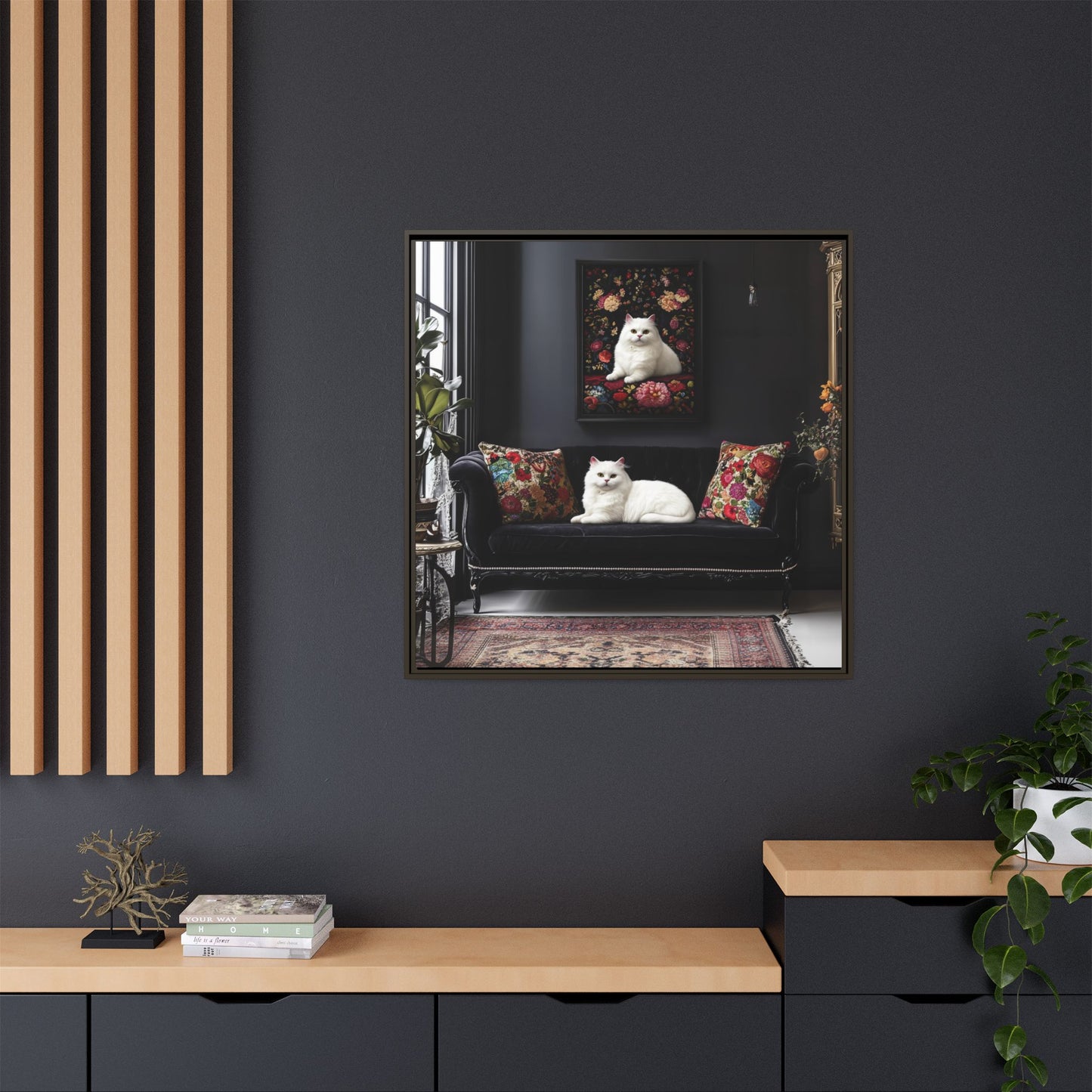 White Persian "House Cat" Portrait Matte Canvas Framed | Floral Still Life Wall Art