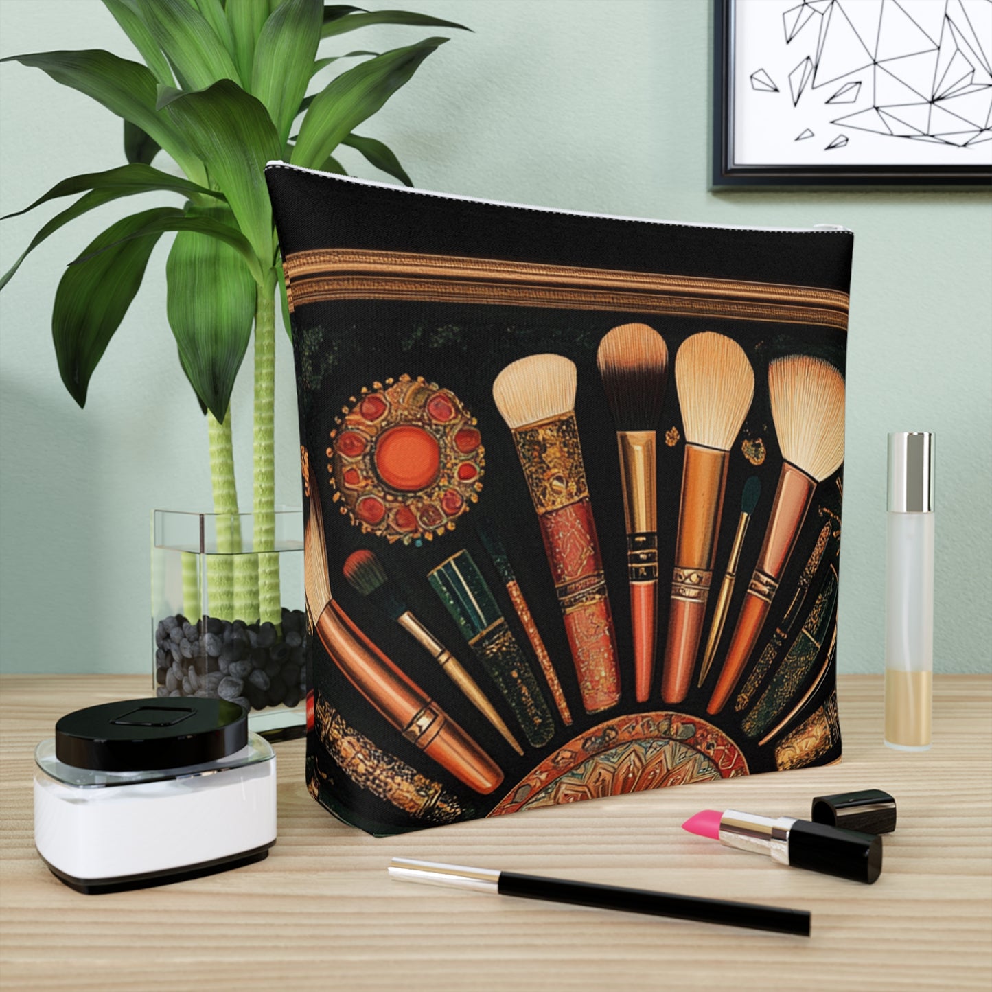 Artistic Vintage Look Makeup Bag, Bohemian Cosmetic Pouch, Travel Toiletry Case, Gift for Beauty Lovers, Vintage Brush Design