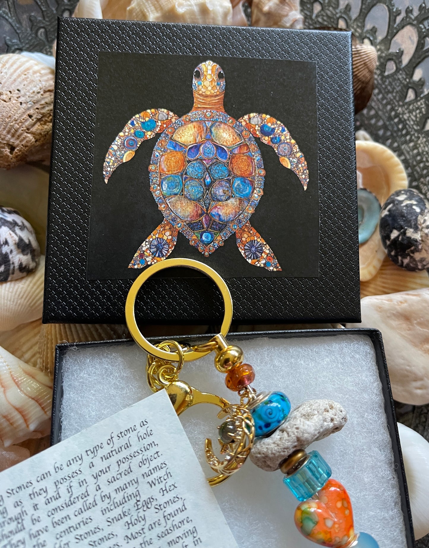 Czech Glass Bead and Stone Keychain with Turtle Gift Box