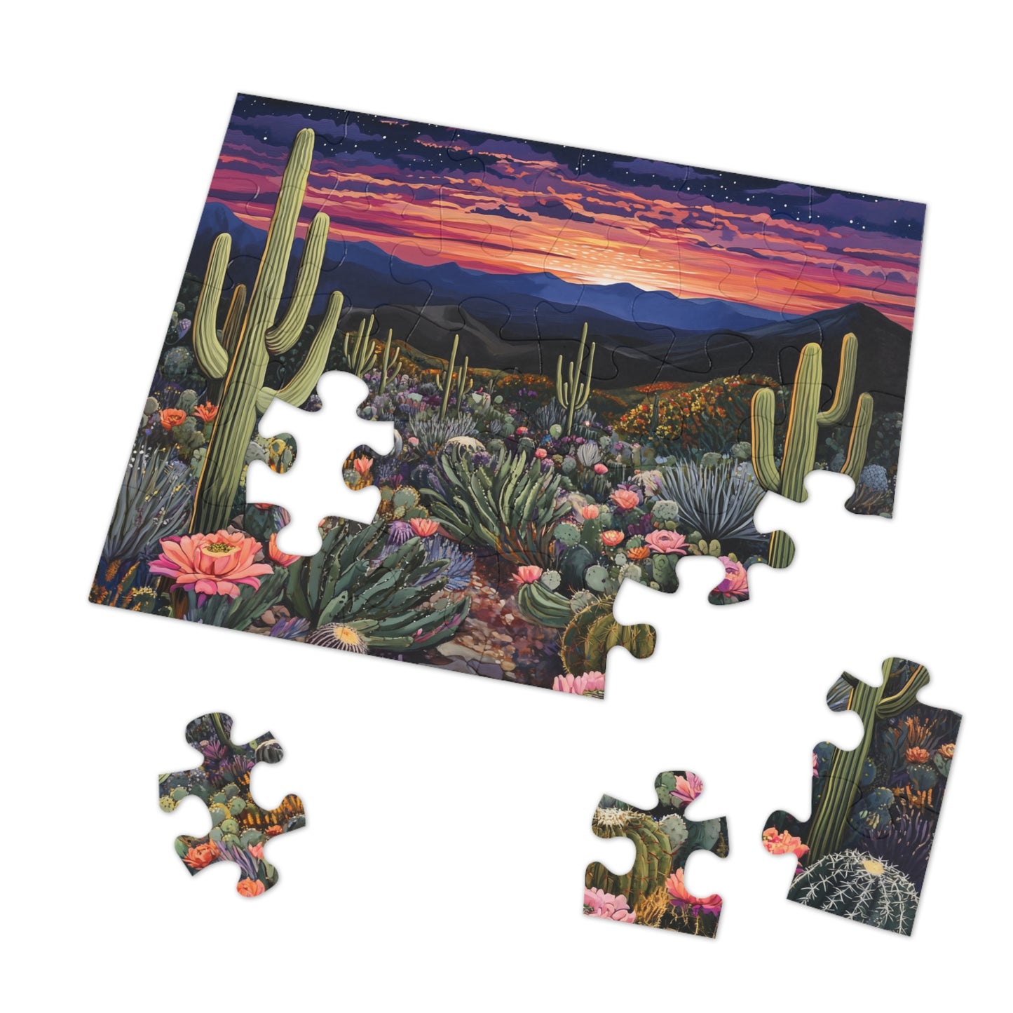 Desert Cactus Sunset Jigsaw Puzzle with Tin | Desert Landscape Puzzle
