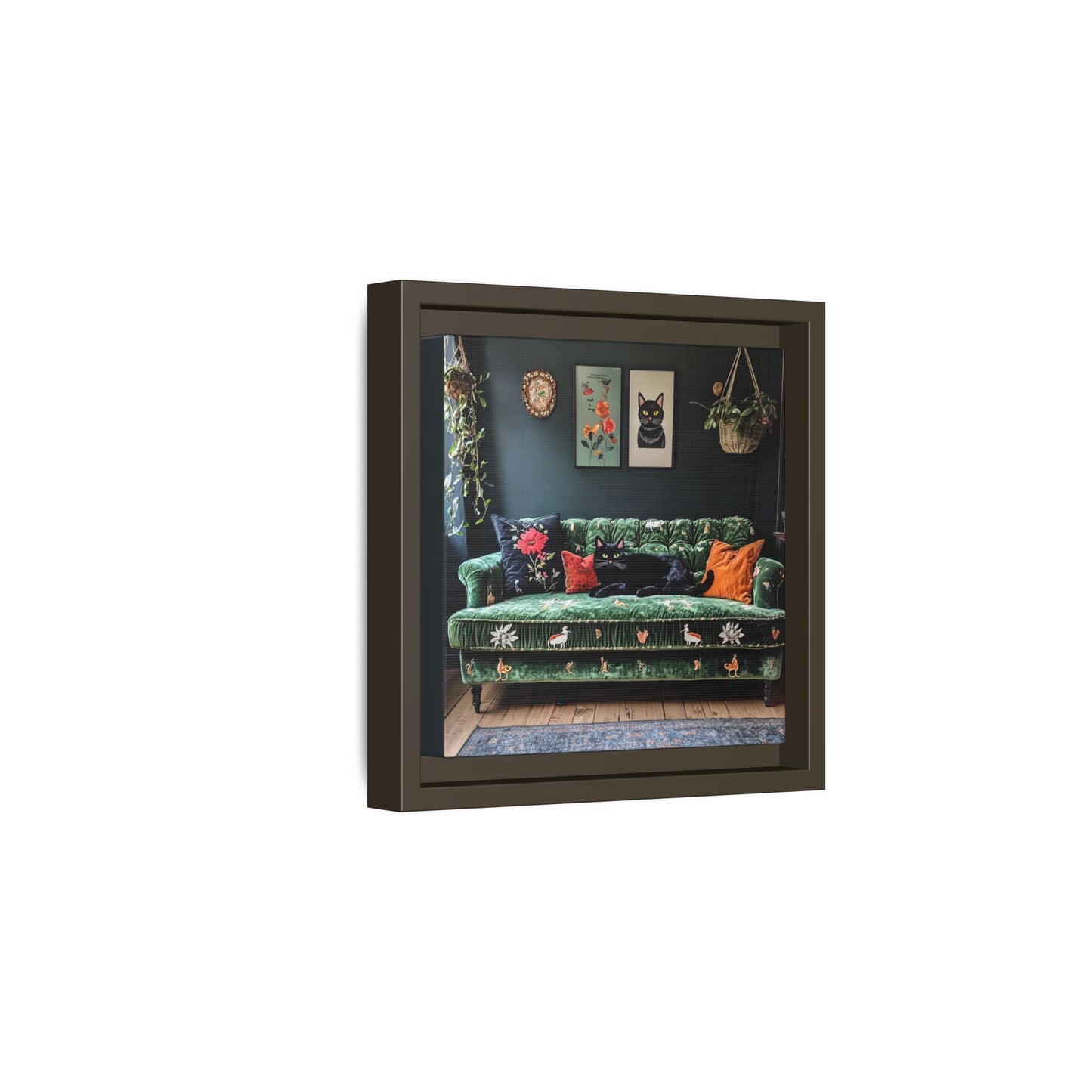 Black "House Cat" Living Room Art Matte Canvas Framed, Green Sofa Boho