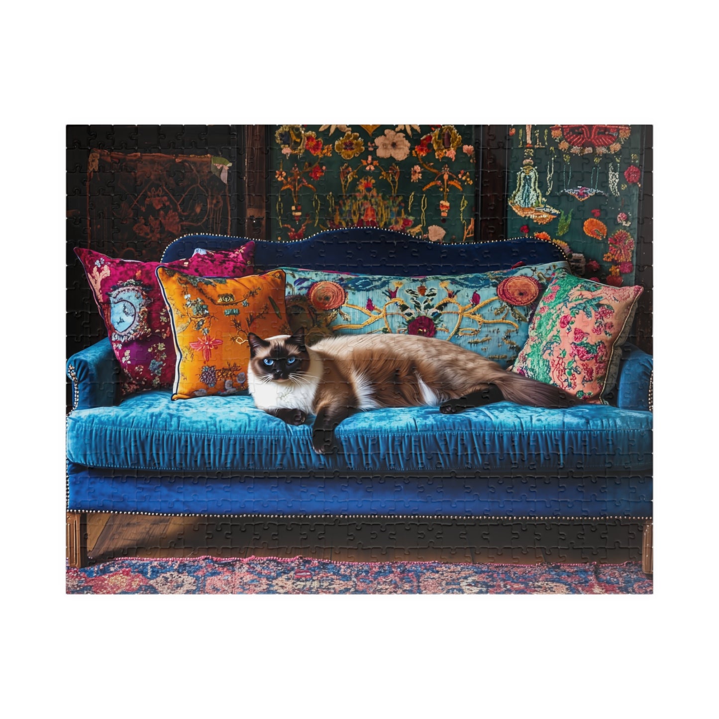 Siamese "House Cat" on Blue Velvet Sofa Puzzle | 252/520/1014-piece Jigsaw