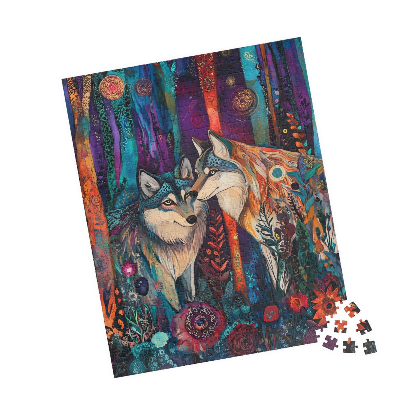 Whimsical Wolf Pair Puzzle | Colorful Forest Art Jigsaw