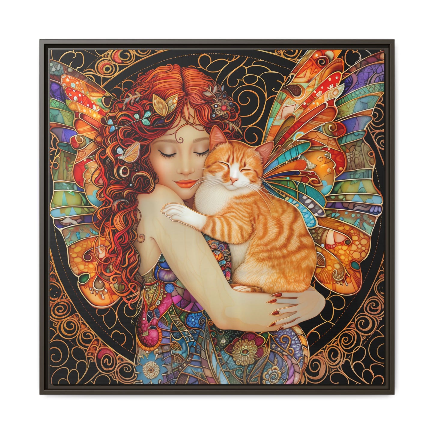 Framed "Tabby"  Fantasy Canvas Art Print - Whimsical Wall Decor, Fairy and Cat Illustration, Magical Gift for Cat Lovers