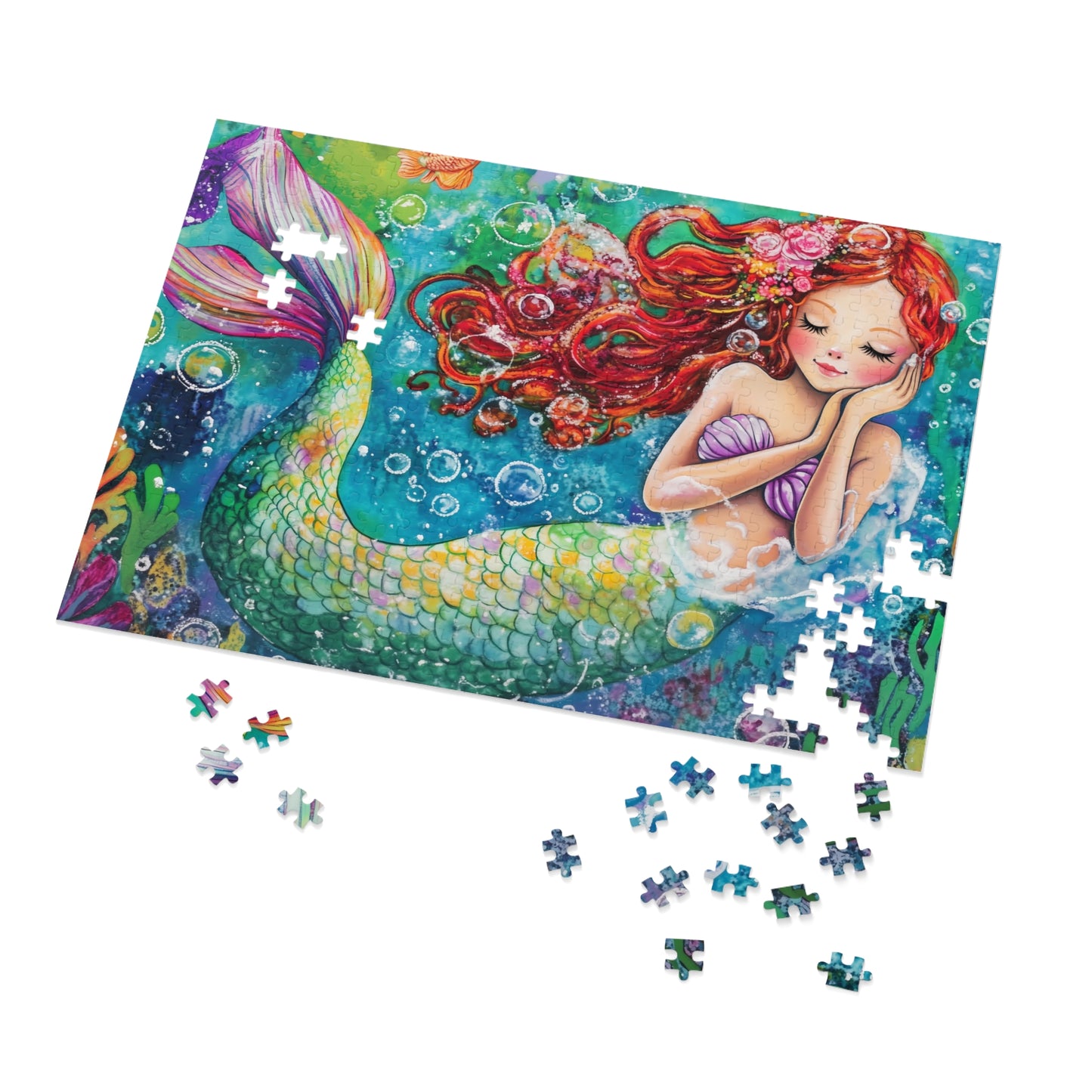 Whimsical Redhead Mermaid Jigsaw Puzzle with Tin | Colorful Underwater Scene