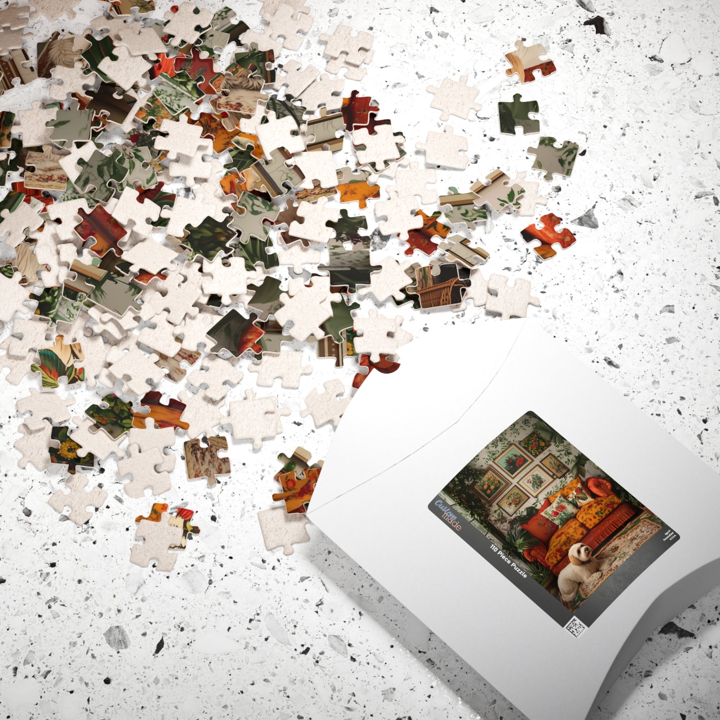 Doodle Cozy Vintage Living Room Puzzle 520 Piece | Floral Sofa Dog Illustration