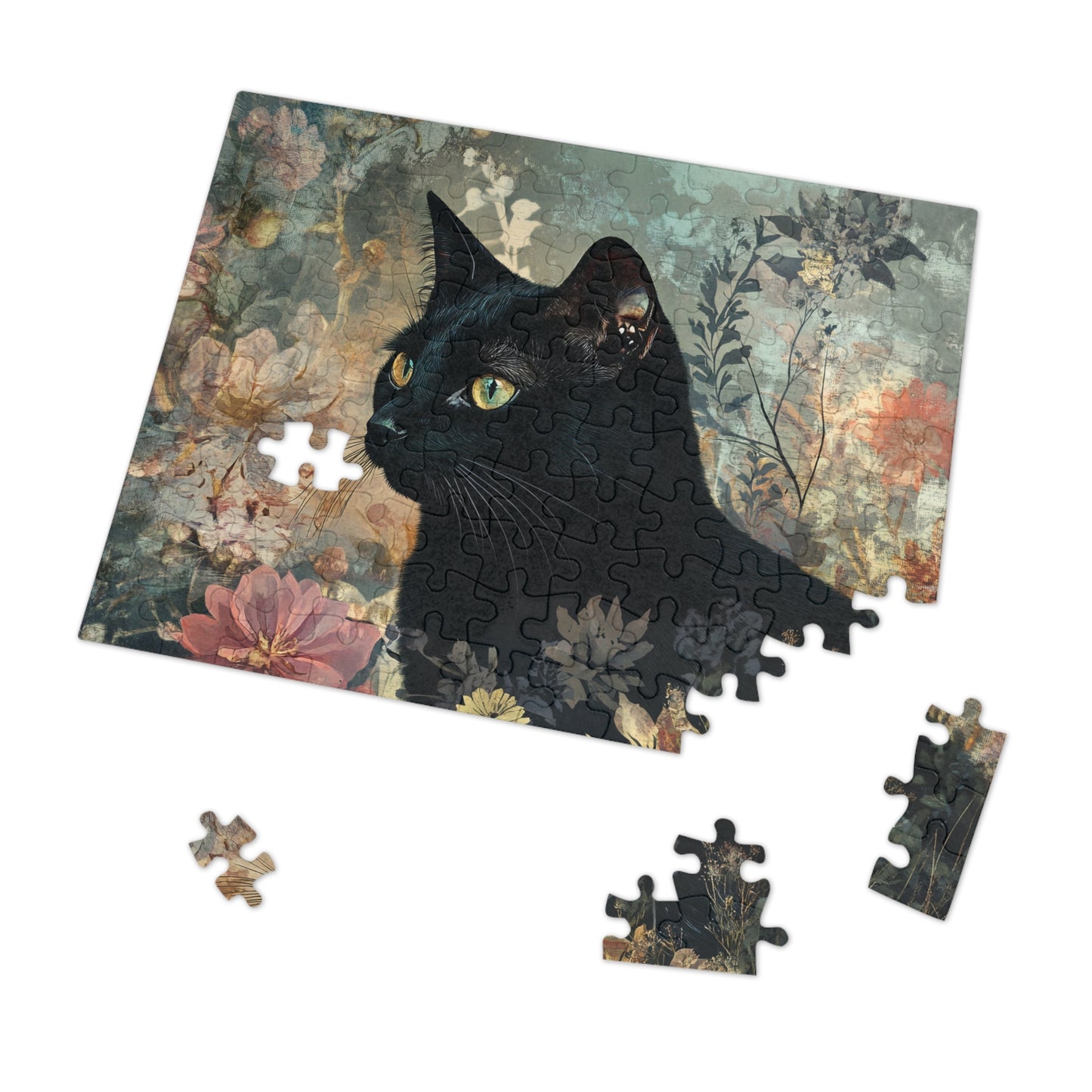 Black Cat Floral Art Jigsaw Puzzle with Tin