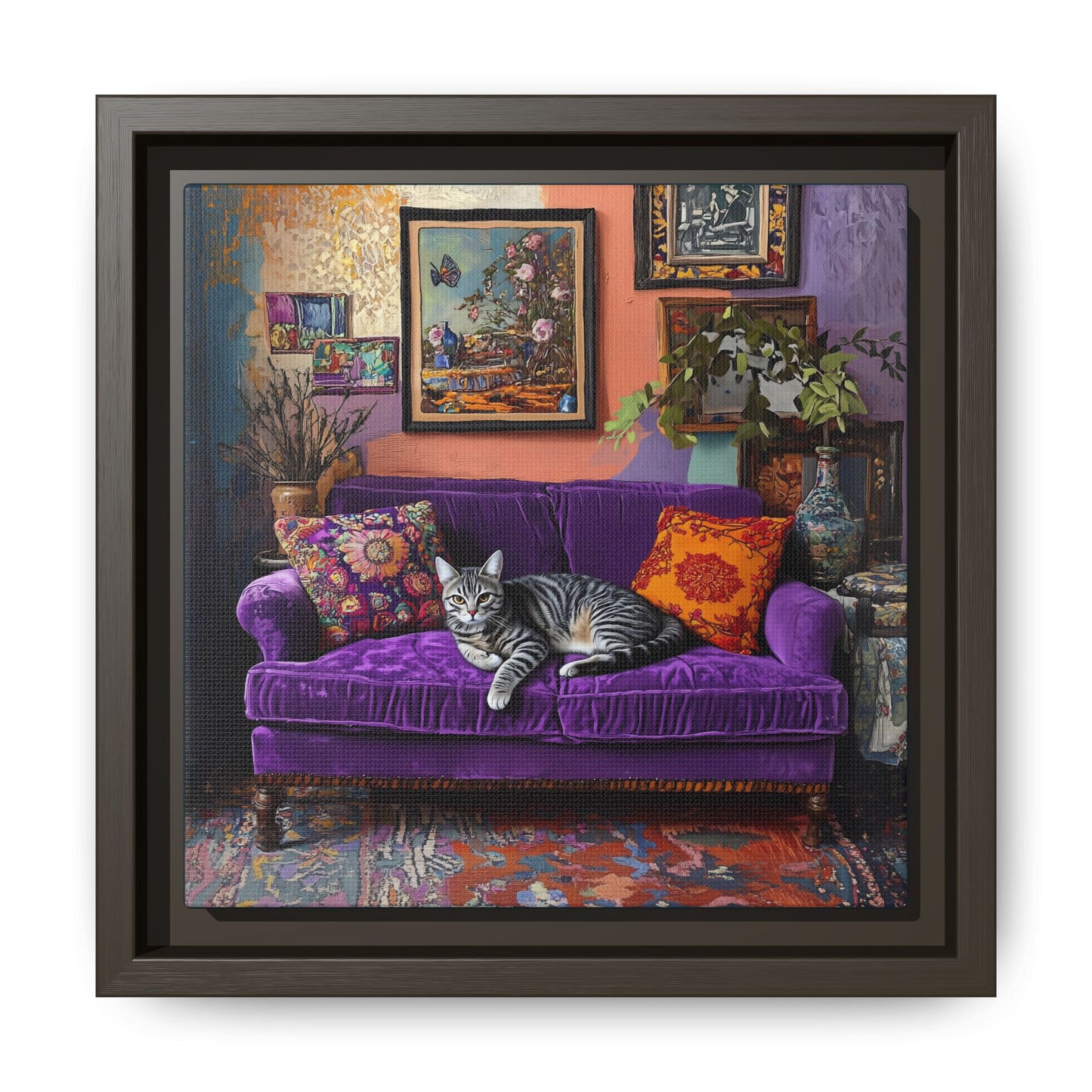 Tabby "House Cat" on Purple Velvet Sofa Matte Canvas Framed | Wall Art