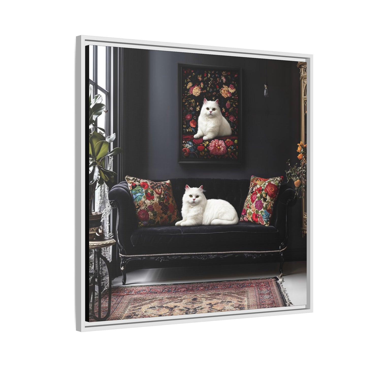 White Persian "House Cat" Portrait Matte Canvas Framed | Floral Still Life Wall Art