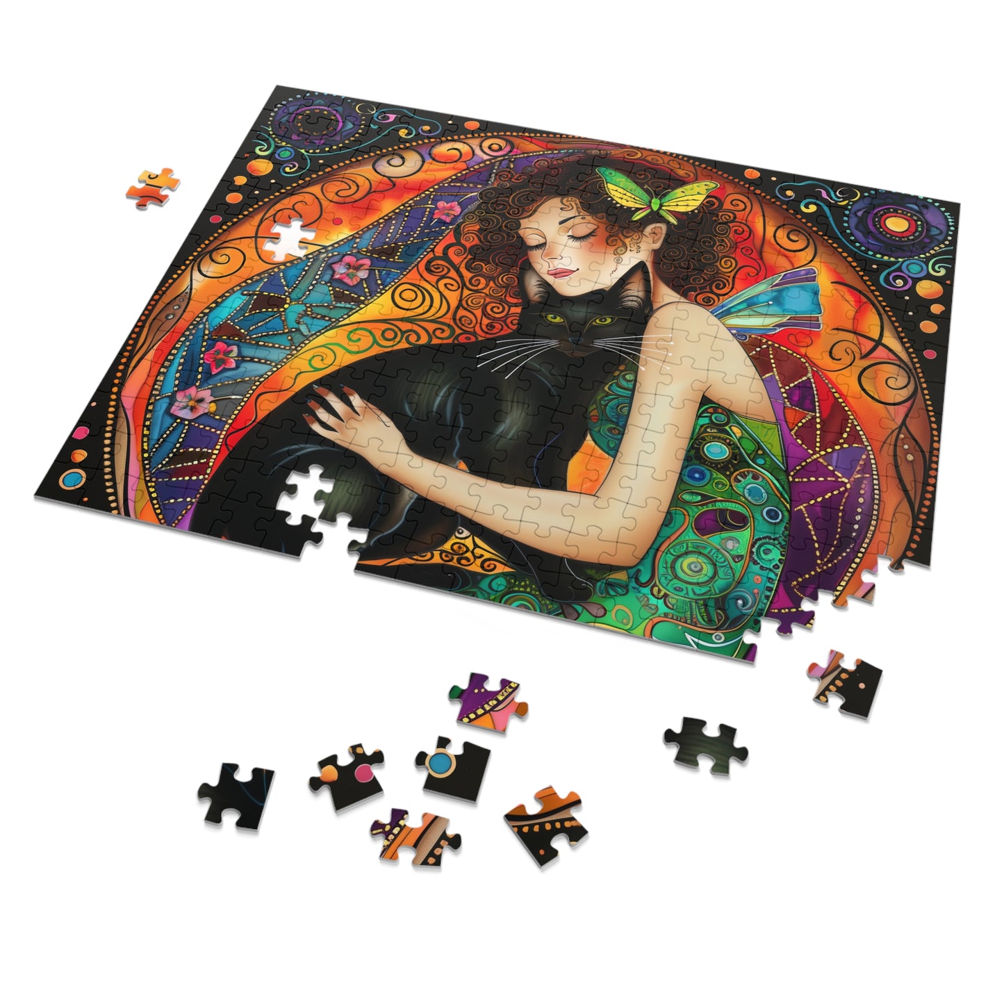 Fairy Embracing Black Cat Jigsaw Puzzle with Tin | Colorful Boho Art