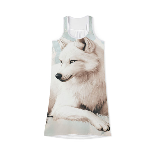 Stylish Wolf Print Women's Racerback Dress, Casual Summer Dress, Animal Lover Dress, Outdoor Party Outfit, Unique Gift for Her