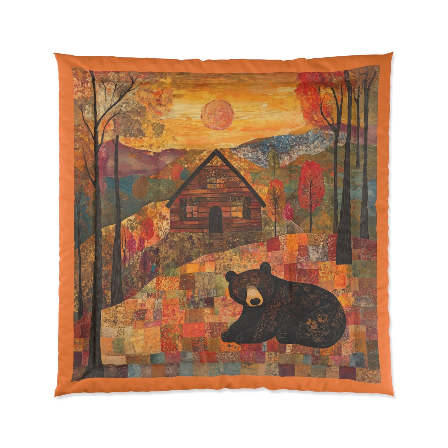 Autumn Cabin Bear Comforter | Woodland Patchwork Fall Bedding