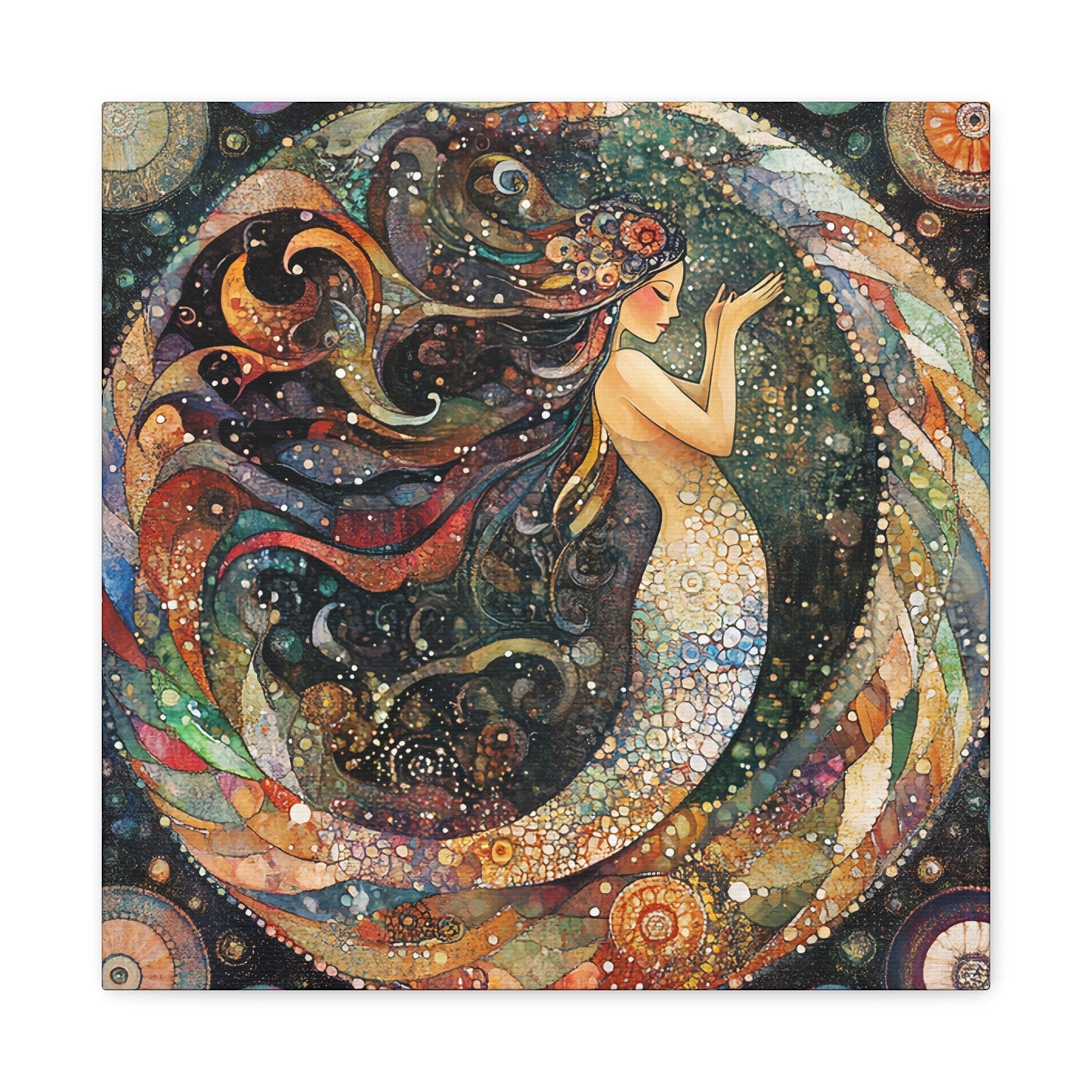 Autumnl Mermaid Canvas Art, Stretched Wall Decor, Bohemian Home Accent, Unique Gift for Sea Lovers, Nautical Art Piece, Coastal Room Decor