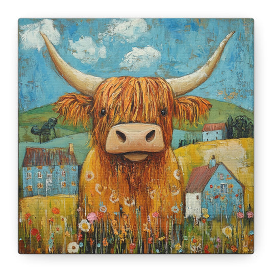 Highland Cow Farmhouse Canvas Art Print, Rustic Highland Cow Wall Decor, Home and Kitchen Gift, Cottagecore Wall Art