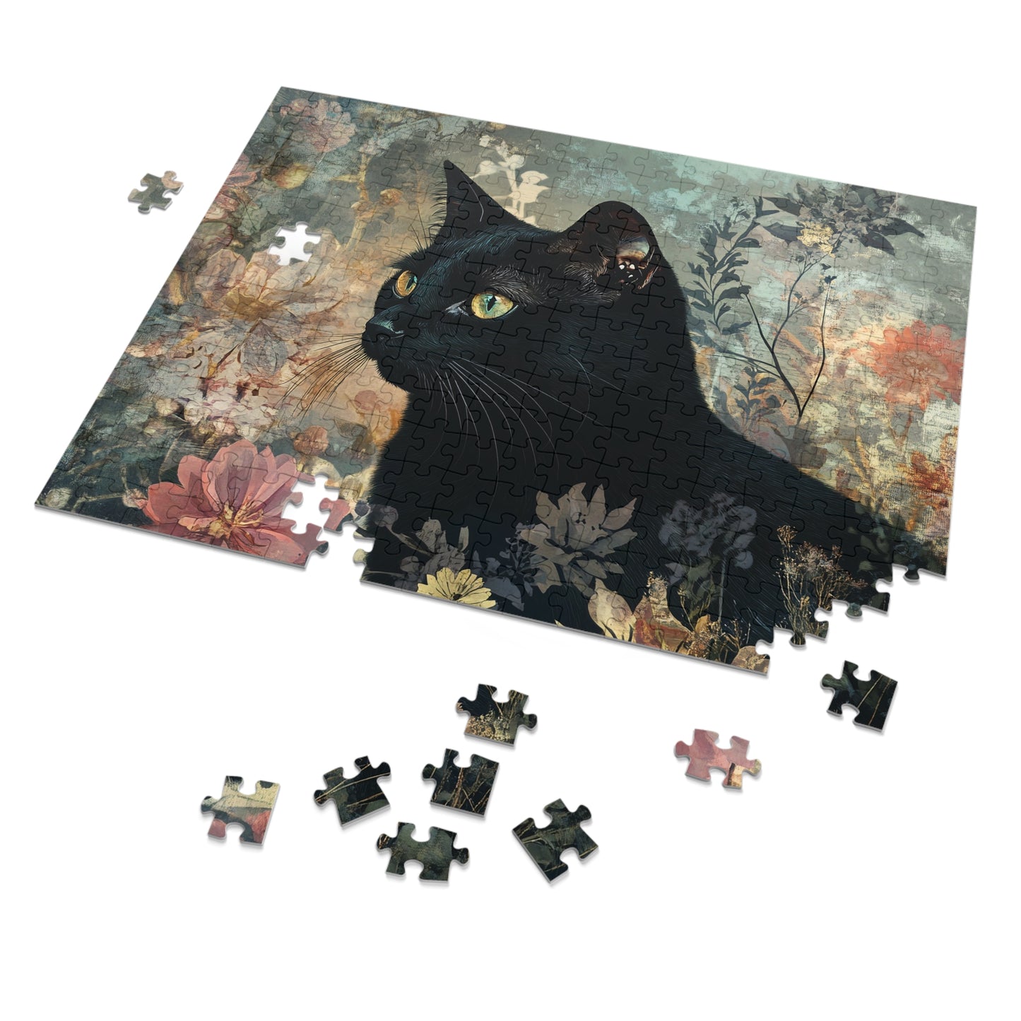 Black Cat Floral Art Jigsaw Puzzle with Tin