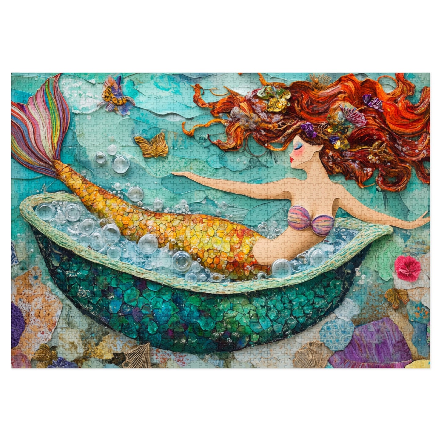 Bubbles Mermaid Bath Tub Jigsaw Puzzle with Tin | Colorful Redhead Mermaid Art Puzzle