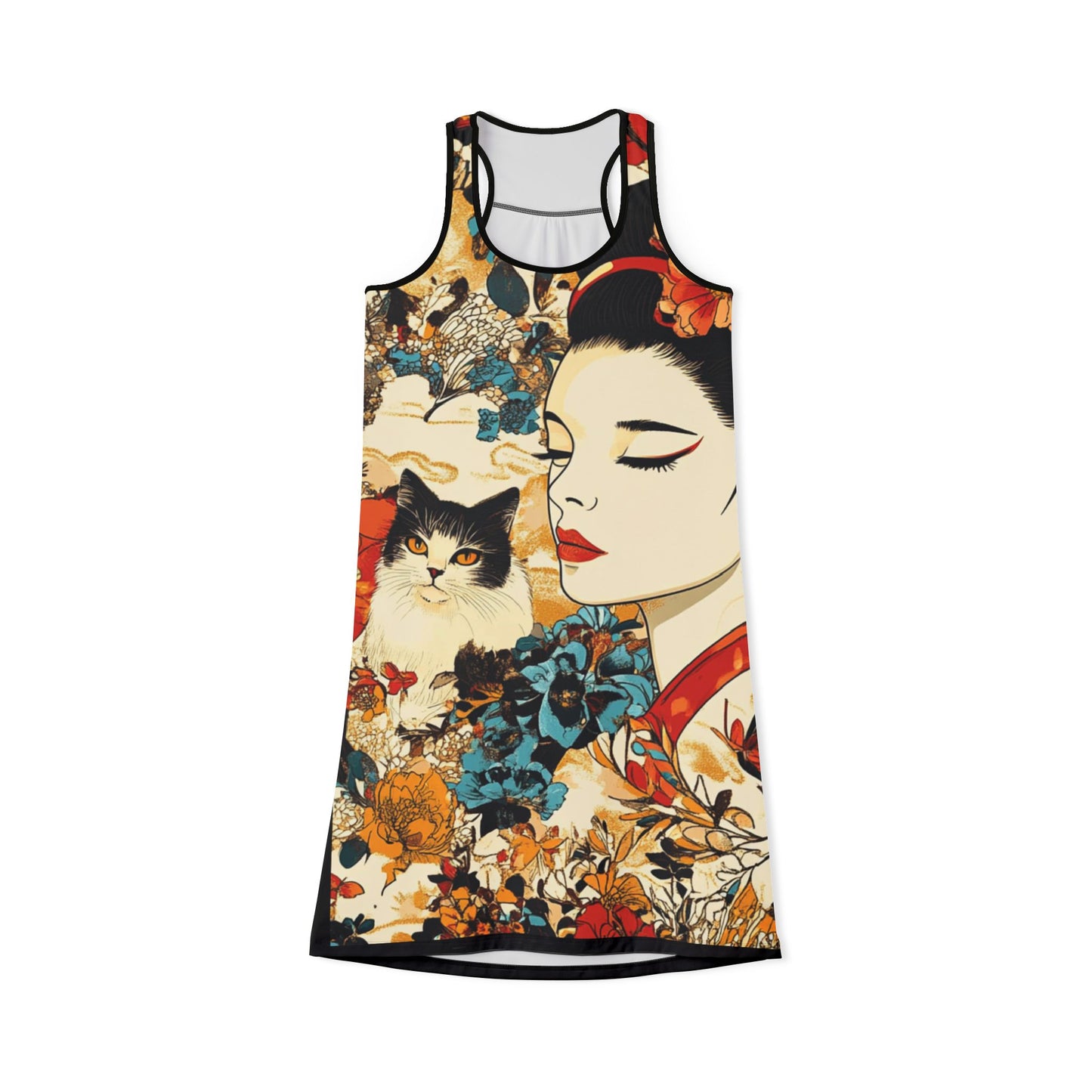 Geisha Cat Elegant Floral Racerback Dress, Bohemian Style, Summer Dress, Casual Outfit, Vintage Aesthetic, Everyday Wear