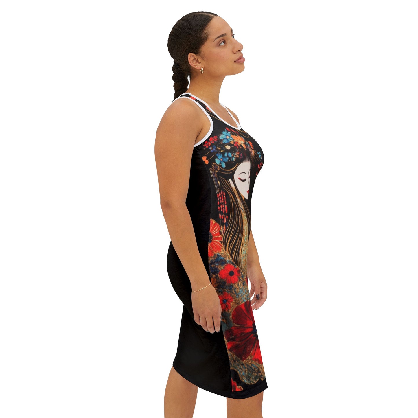 Geisha Cat Floral Racerback Dress, Summer Casual Dress, Ideal for Festivals, Beach Wear, Unique Gift for Women, Art Inspired Fashion