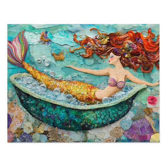 Bubbles Mermaid Bath Tub Jigsaw Puzzle with Tin | Colorful Redhead Mermaid Art Puzzle