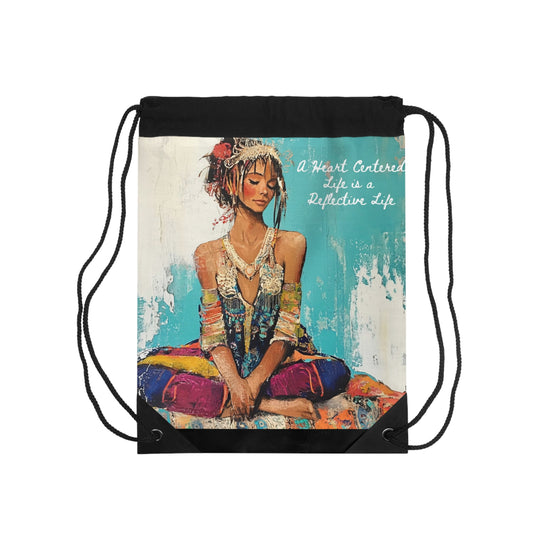 Bohemian Meditating Woman Drawstring Bag Yoga Art, Reflective Life