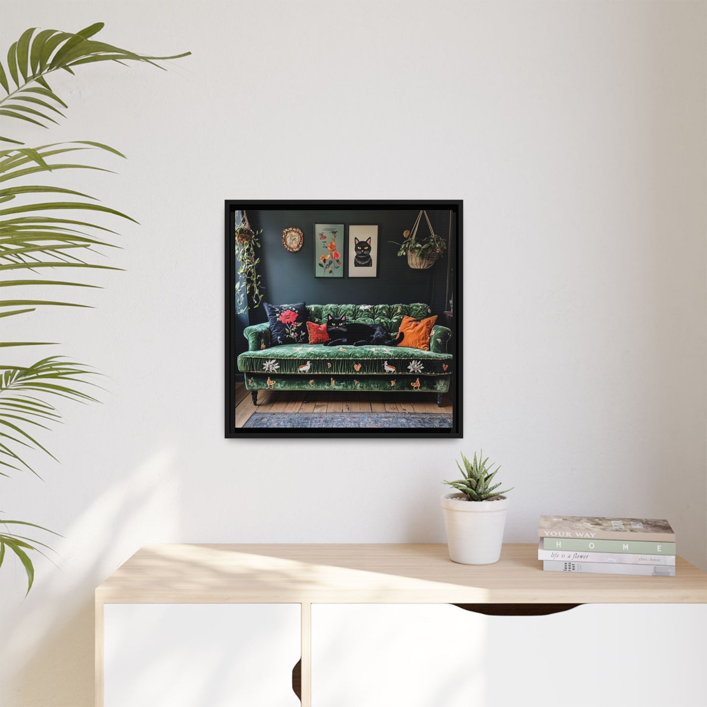 Black "House Cat" Living Room Art Matte Canvas Framed, Green Sofa Boho