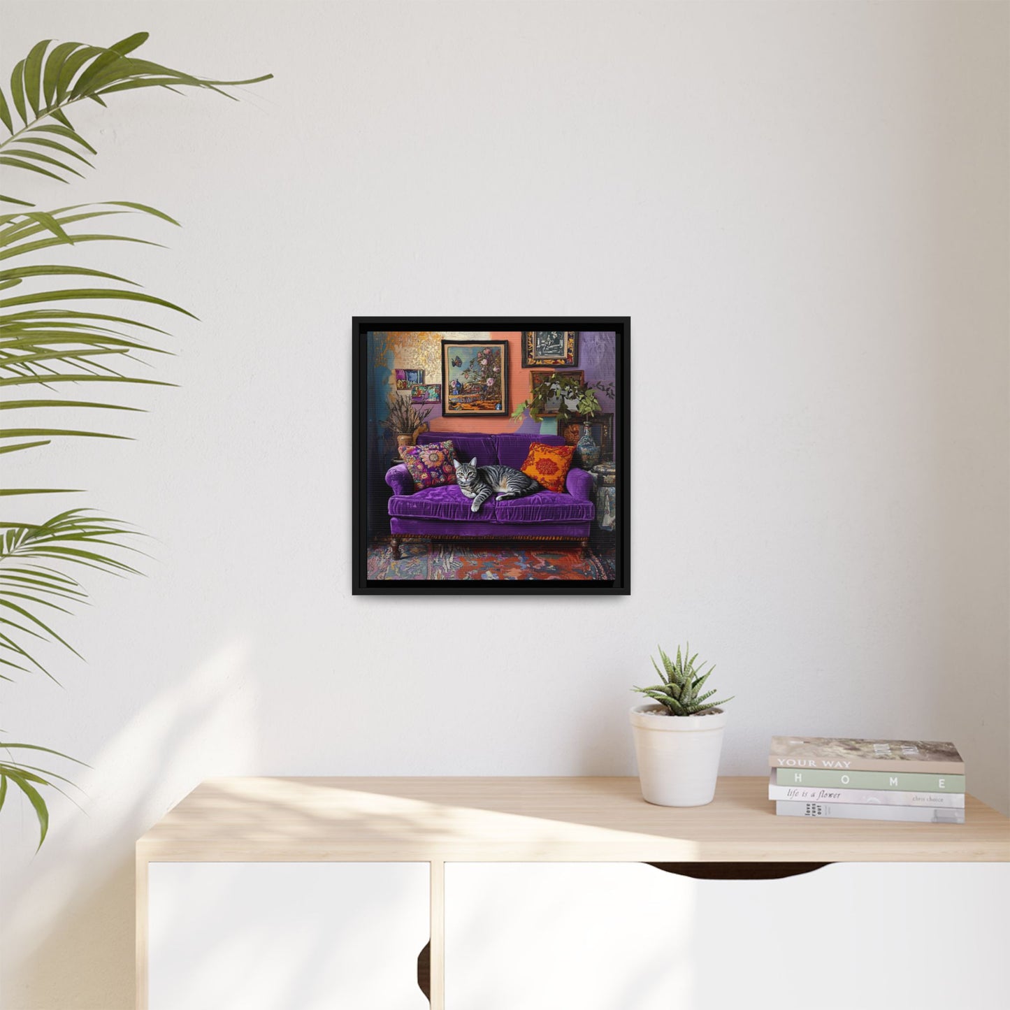 Tabby "House Cat" on Purple Velvet Sofa Matte Canvas Framed | Wall Art