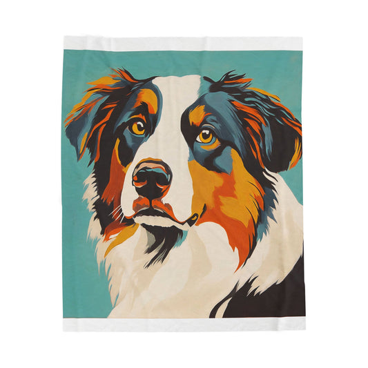 Mid Century Modern Black Tri Colored Aussie Portrait Velveteen Plush Blanket, Pet Lover Gift, Cozy Home Decor, Dog Enthusiast