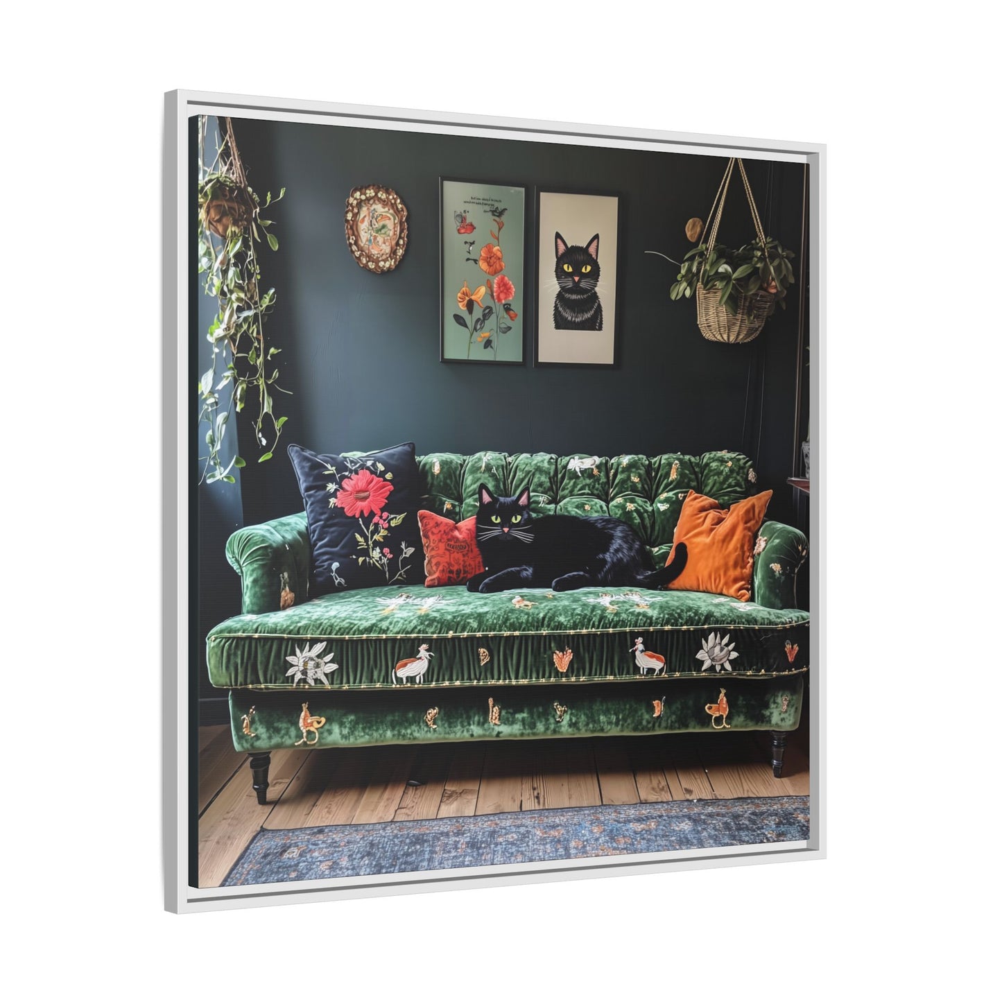 Black "House Cat" Living Room Art Matte Canvas Framed, Green Sofa Boho