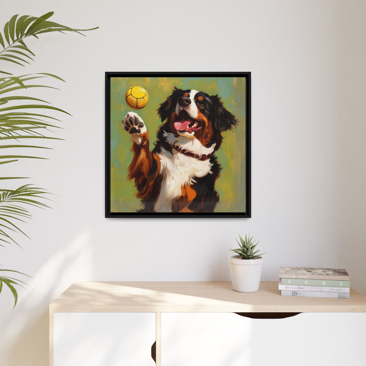 Bernese Mountain Dog Playing Picklball Canvas Wall Art, Matte Canvas Framed