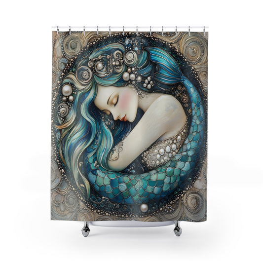 Elegant Mermaid Shower Curtain with Pearl Design, Nautical Bathroom Decor, Gifts for Ocean Lovers, Home Makeover, Coastal Vibe