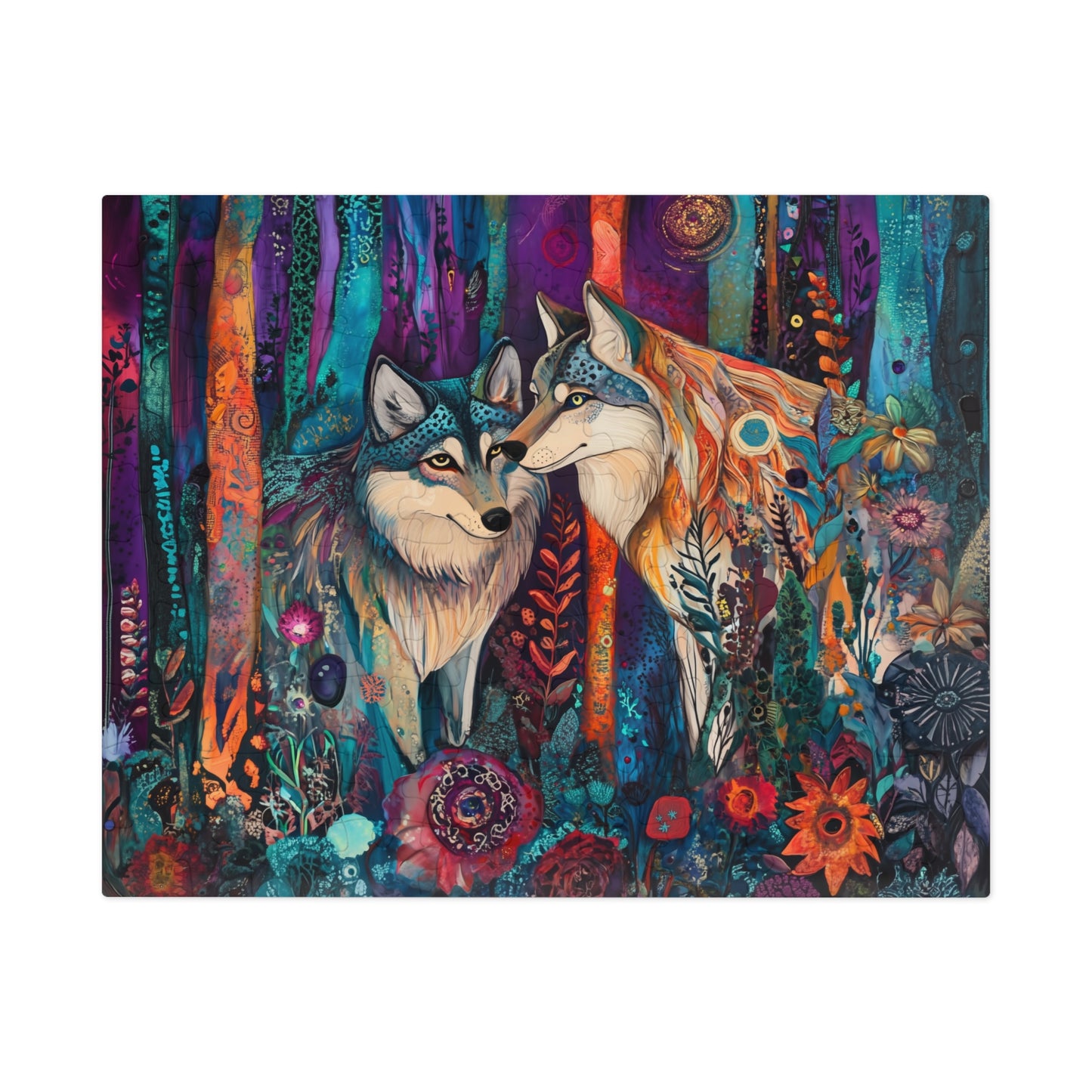 Mystic Wolves jigsaw puzzle with tin | colorful forest wolf art