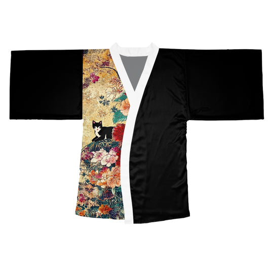 Geisha Cat Elegant Long Sleeve Kimono Robe, Cat-Themed Loungewear, Perfect for Relaxation, Gift for Cat Lovers, Cozy Home Decor